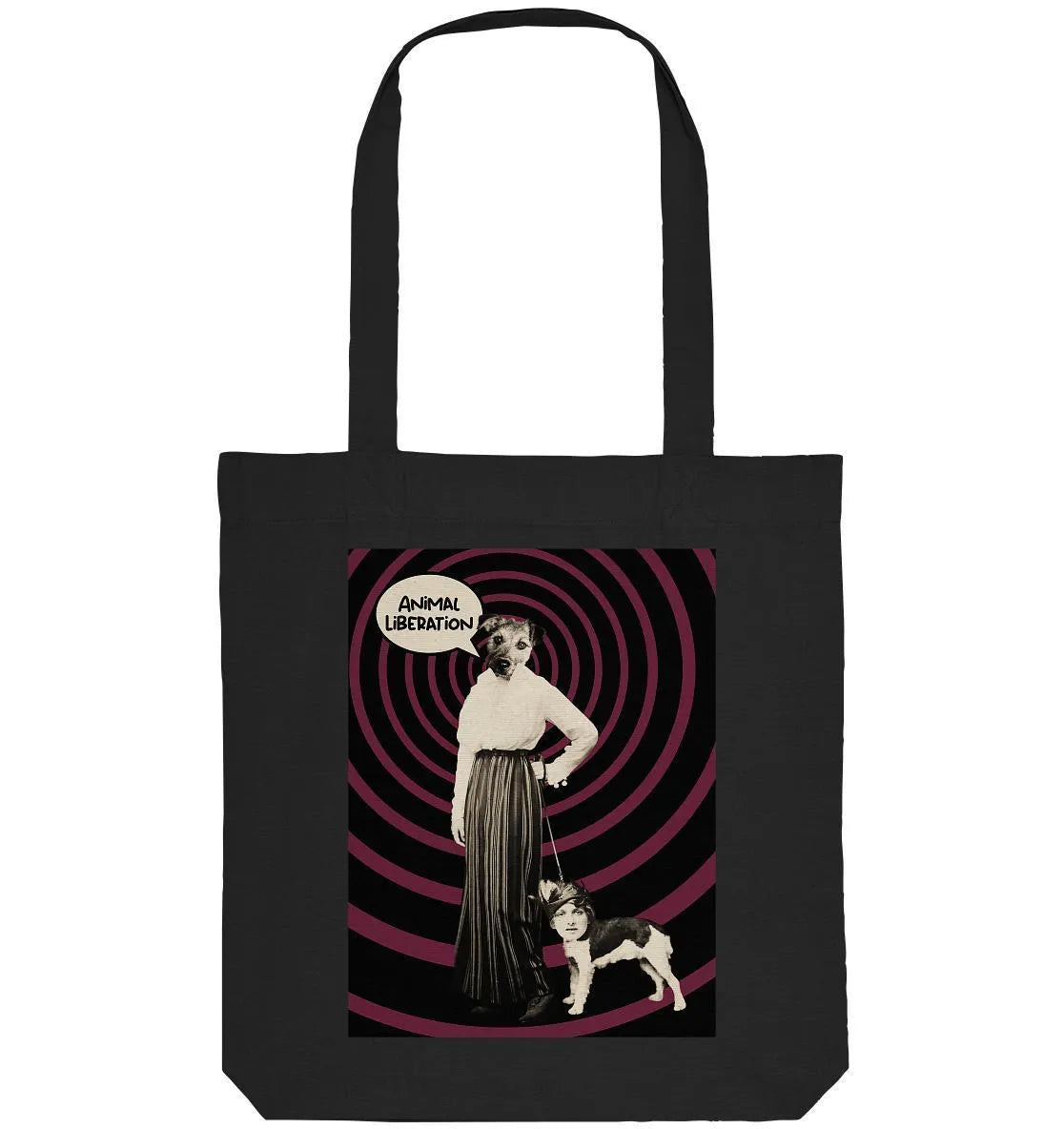 Schwarze Recycling-Stofftasche mit Print „Animal Liberation“ und langen Henkeln