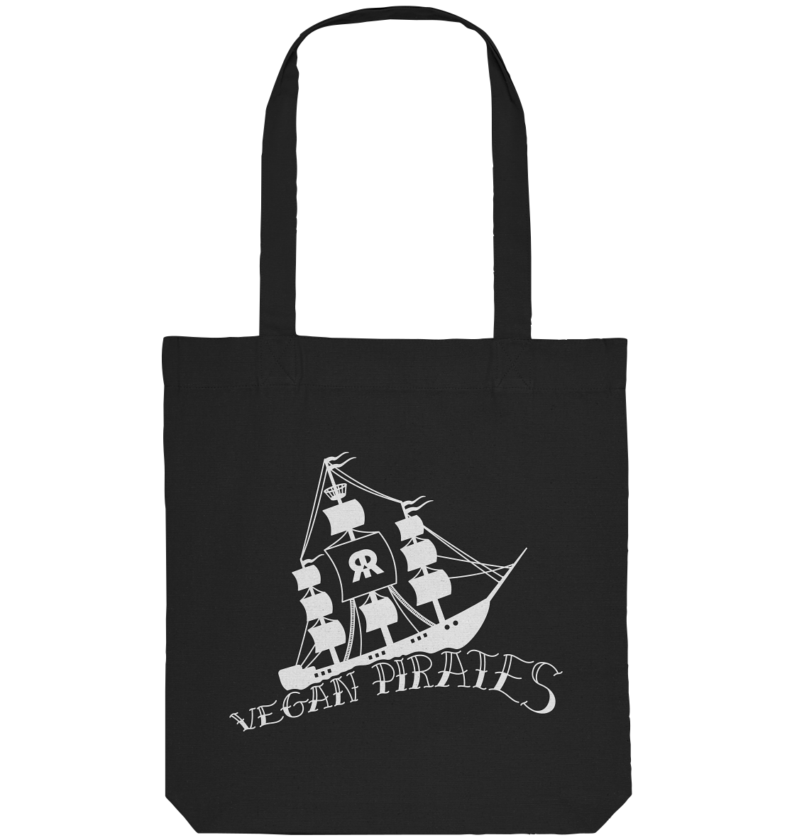 Vegan, Recycled & Eco Stofftasche: Vegan Pirates (Piratenschiff und Oldschool Schriftzug) in Schwarz