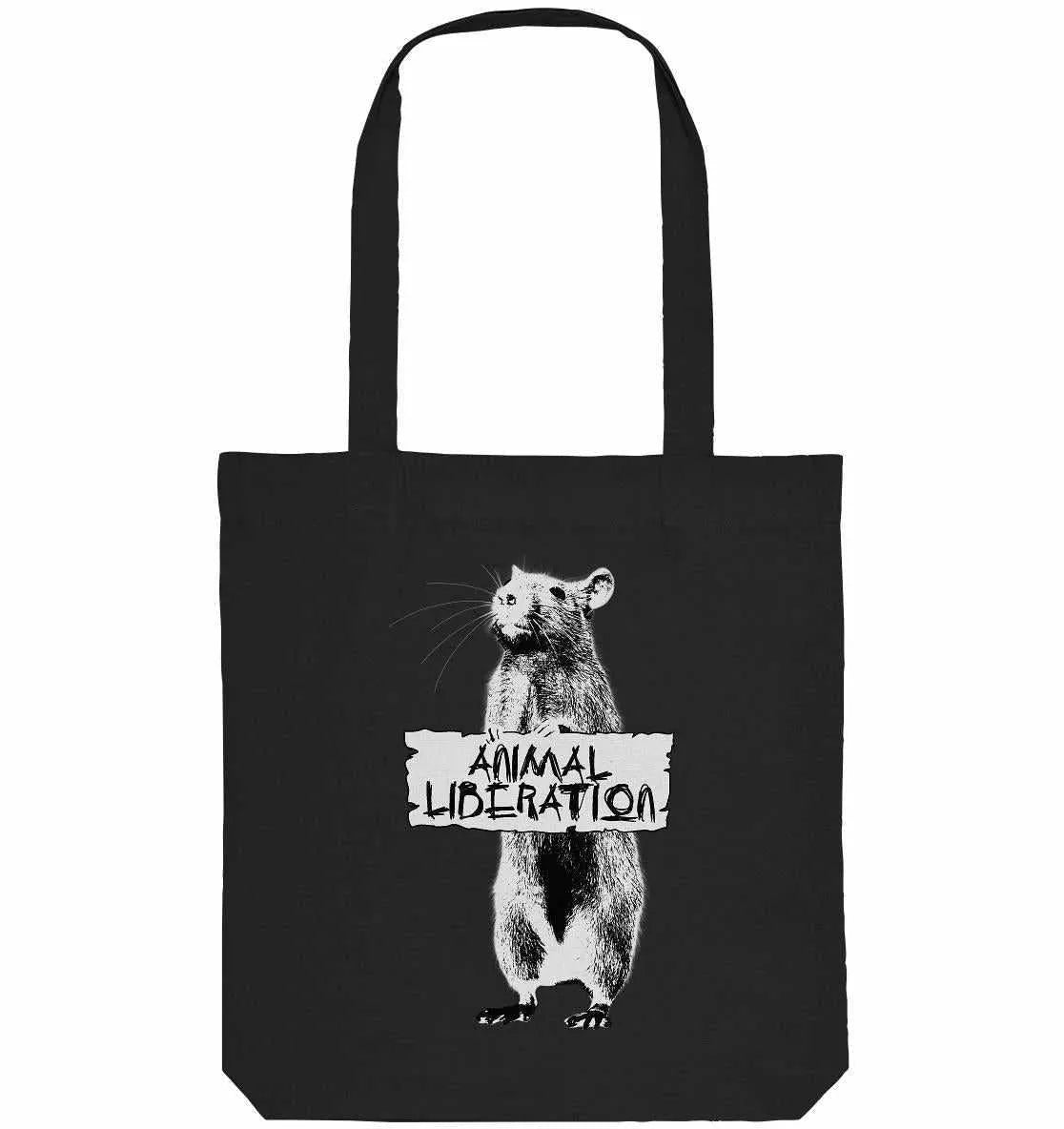 Schwarze Stofftasche mit Tragehenkeln und Aufdruck 'ANIMAL LIBERATION' mit Tiermotiv