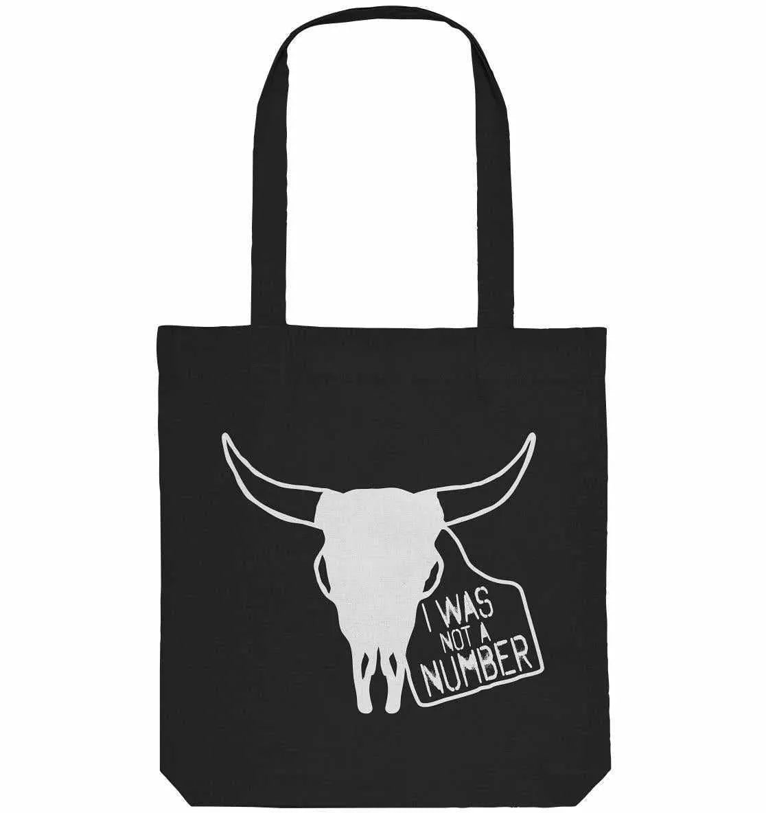 Schwarze Stofftasche mit Büffelschädel-Print und Text „I was not a number“