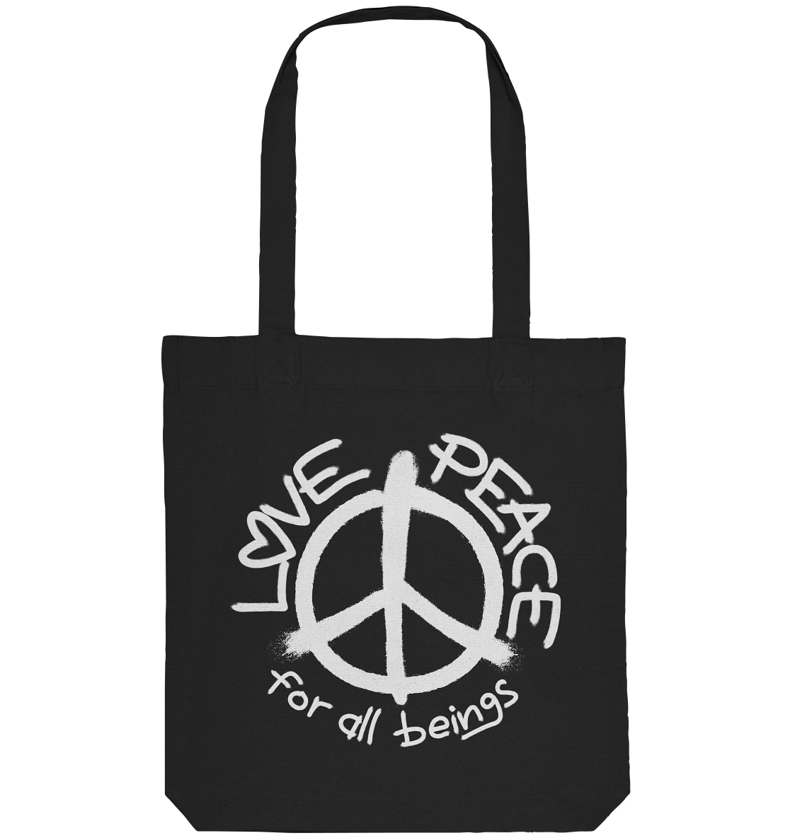 Vegan, Recycled & Eco Stofftasche: LOVE and PEACE for all beings (Peace-Zeichen und Schrift darum, Graffiti, Hippie) in schwarz