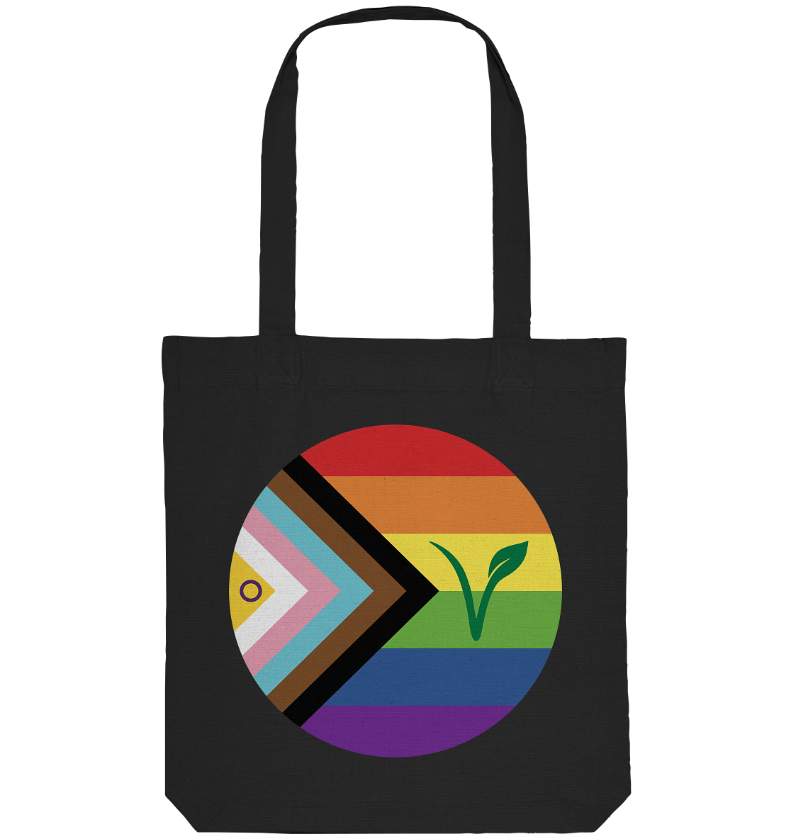 Vegan, Recycled & Eco Stofftasche: LGBTQAI+ VEGAN(Queer Fahne in Kreisform und ein V für Veganismus, Solidarität, Veganismus, LGBTQ Community) in schwarz