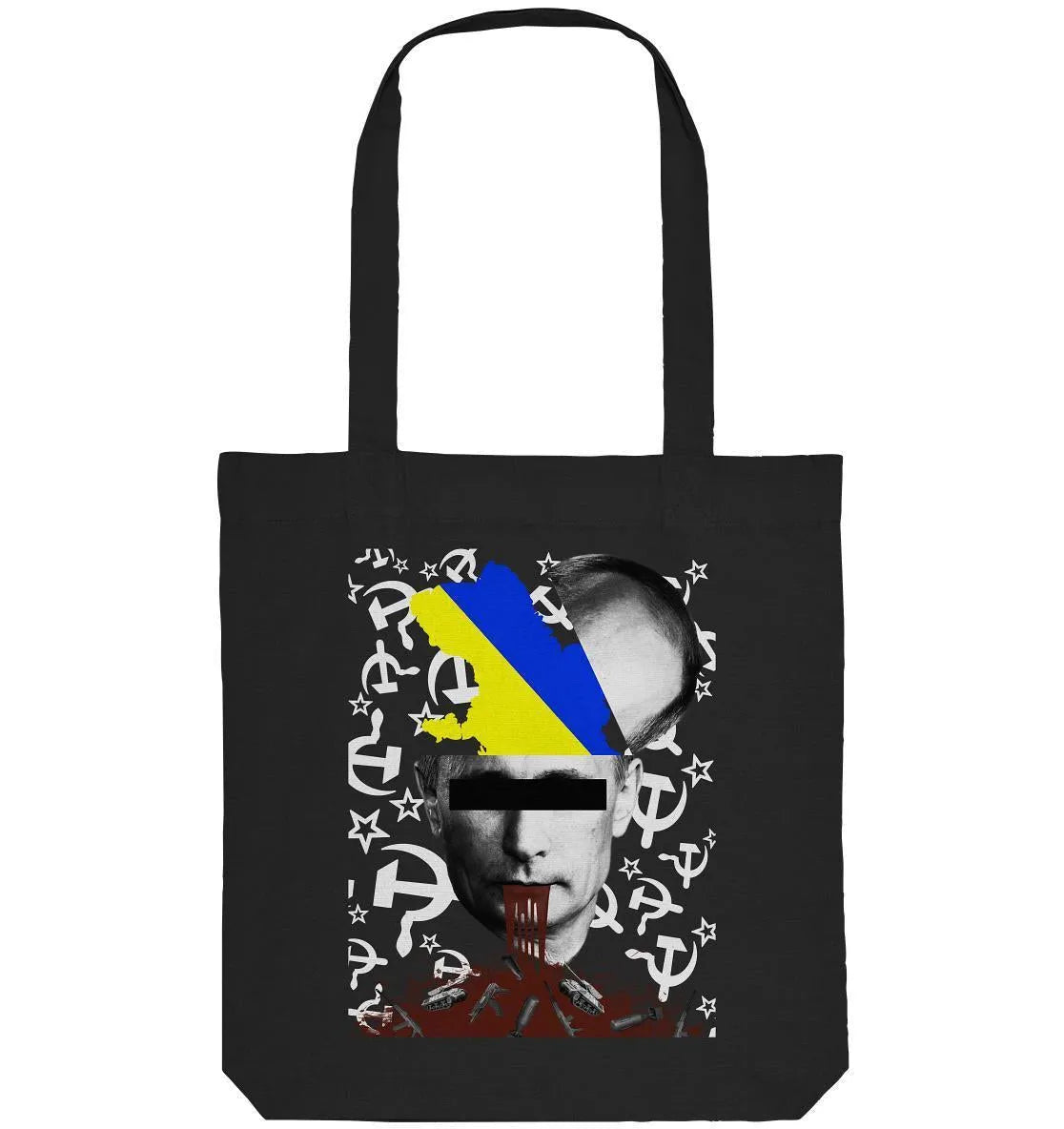 Schwarze Stofftasche mit großem Aufdruck und blau-gelbem Elementen