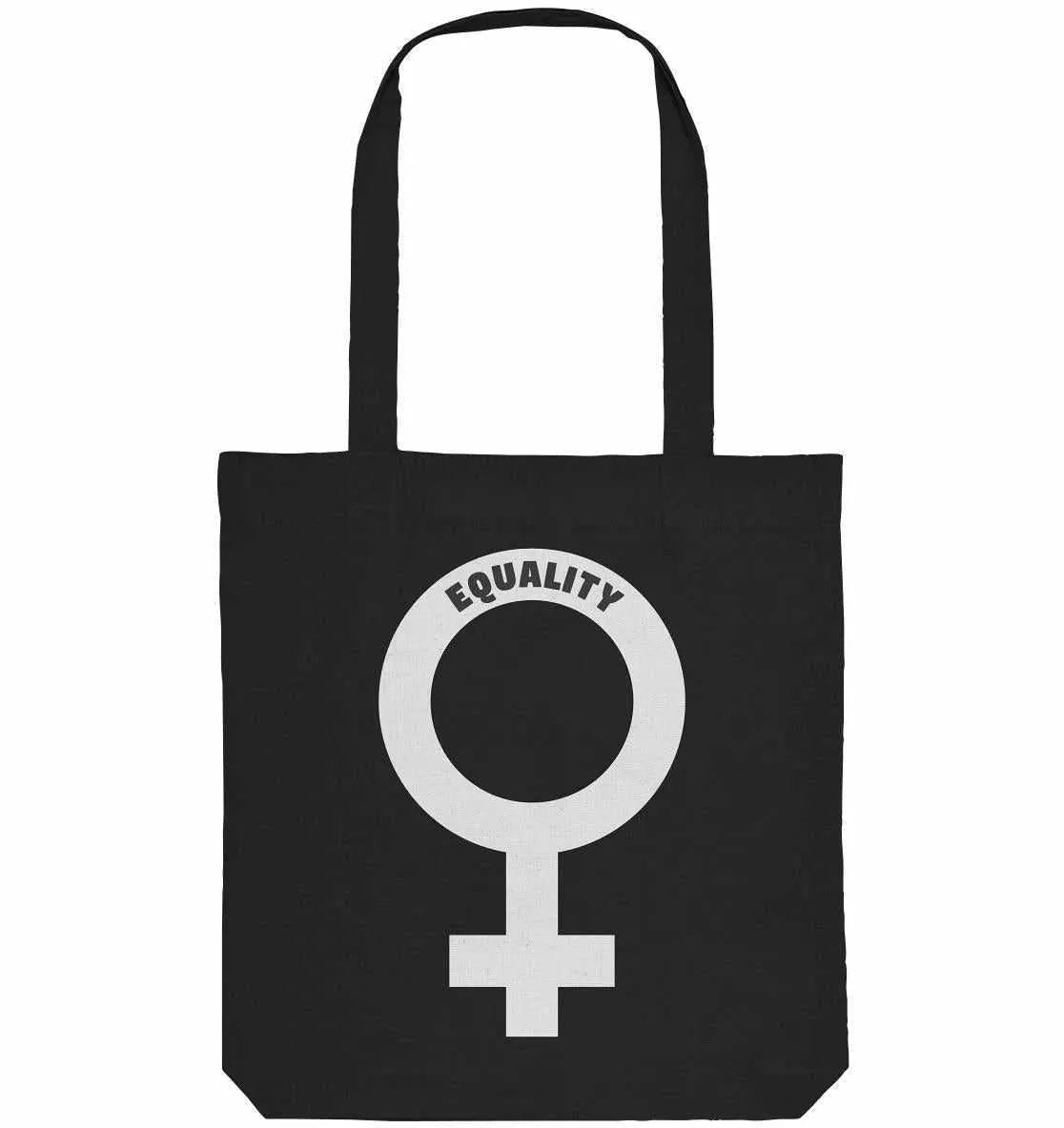 Schwarze Stofftasche mit Tragehenkeln und „Equality“-Frauenzeichen