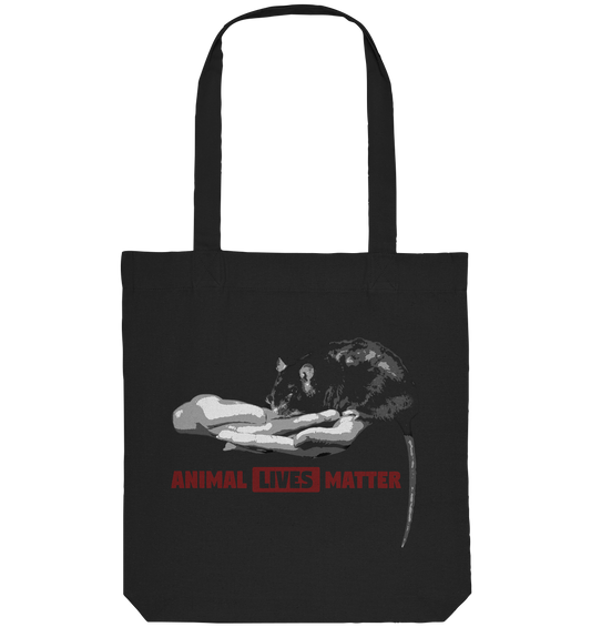 Vegan, Recycled & Eco Stofftasche: ANIMAL LIVES MATTER - (schwarz) bedruckt mit Ratte, sanft in Händen gehalten im black and gray Look und darunter roter Schriftzug in schwarz.