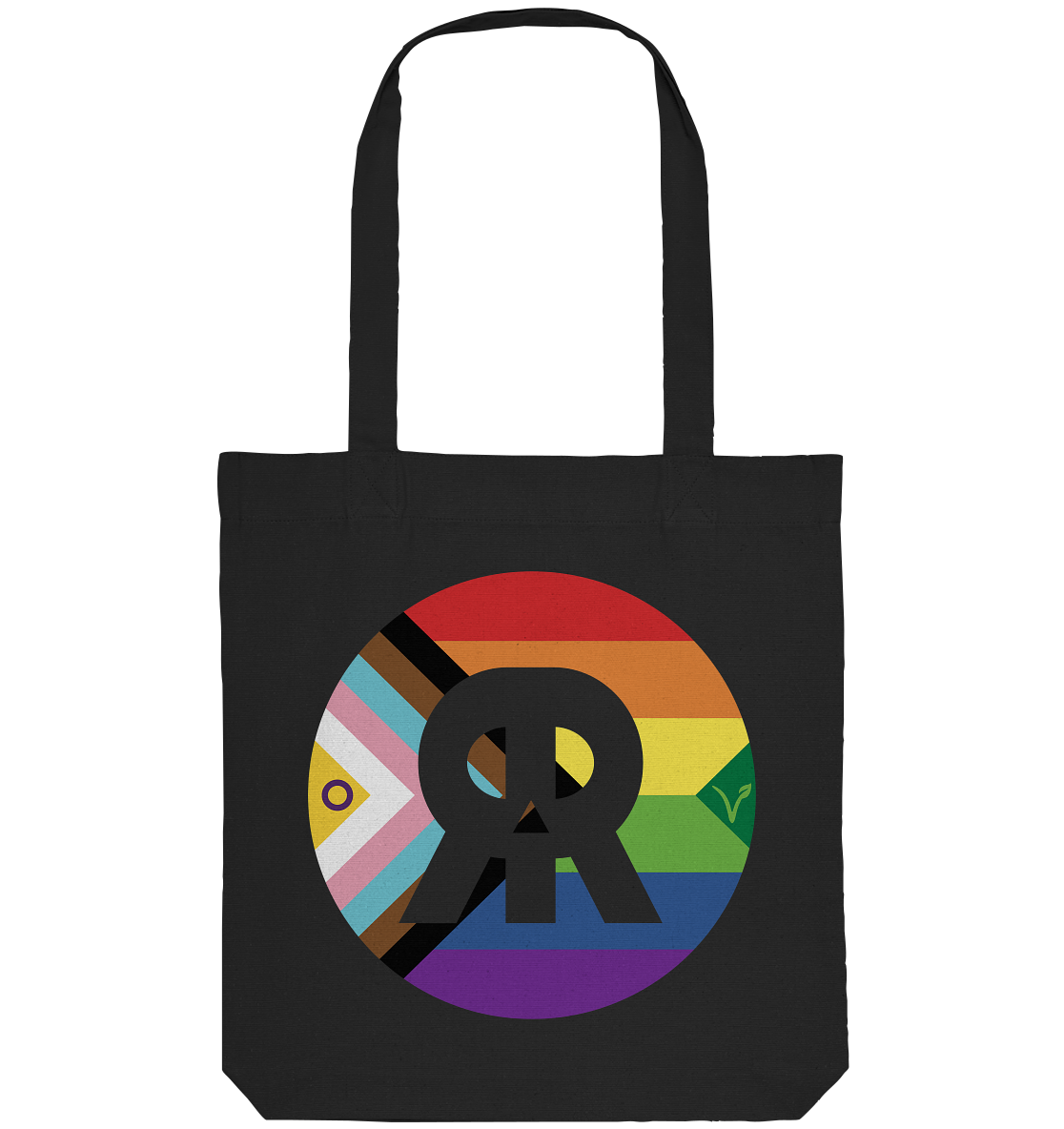 Vegan, Recycled & Eco Stofftasche: LGBTQAI+ VEGAN + RUDE REBEL Skull (Queer Fahne in Kreisform und ein V für Veganismus, mit dem Rude Rebel Logo in der Mitte, Solidarität, Veganismus, LGBTQ Community) in schwarz