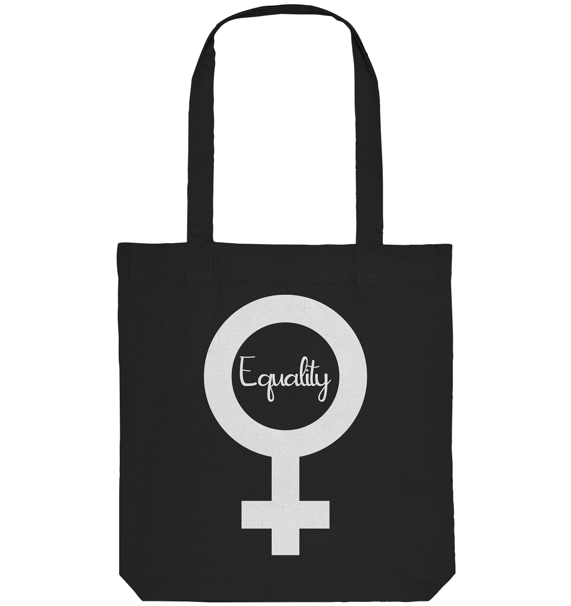 Vegan, Recycled & Eco Stofftasche: Feminismus - Der Kampf um Gleichberechtigung (bedruckt mit Weiblichkeitssymbol Venus in der Mitte Schriftzug Equality in Schreibschrift, Feminismus Merch, feministische Kleidung, Matriarchat) in schwarz