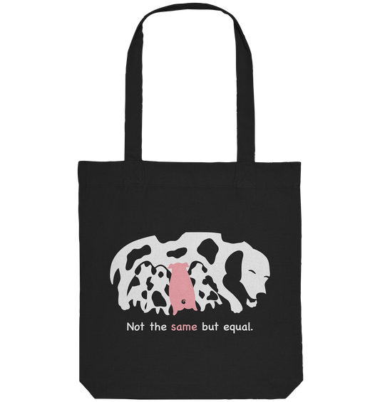 Vegan, Recycled & Eco Stofftasche: Animal equality (Hundemama stillt Welpen und ein Ferkel, Hunde sind weiß mit Flecken, das Ferkel ist rosa, darunter Schriftzug in weiß und rosa) auf schwarz