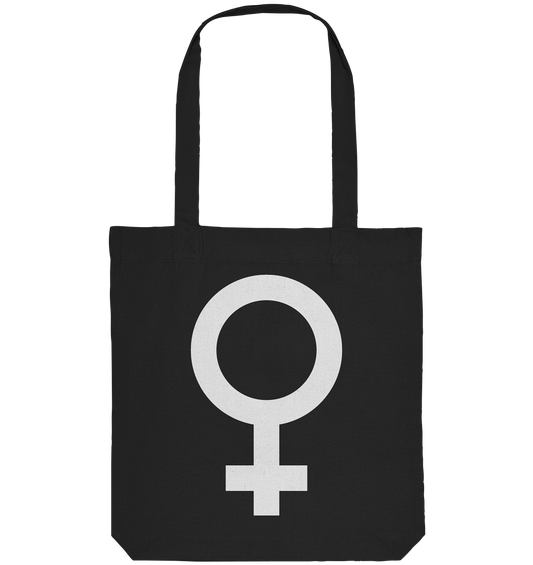 Vegan, Recycled & Eco Stofftasche: Das Venus Symbol als Zeichen für den Feminismus (bedruckt mit Weiblichkeitssymbol Venus in der Mitte Feminismus Merch, feministische Kleidung, Matriarchat) in schwarz