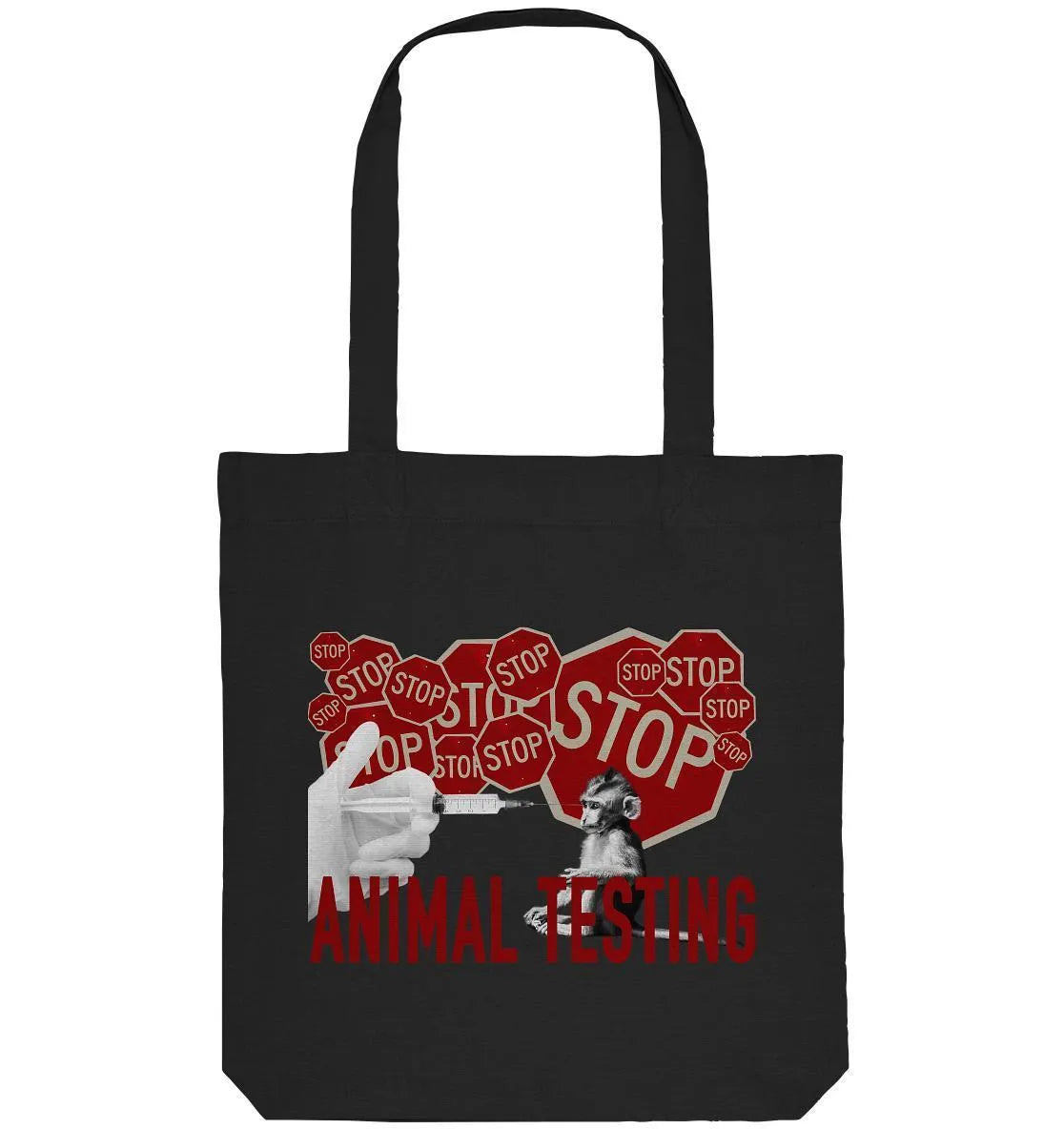 Schwarze Stofftasche mit Aufdruck „STOP ANIMAL TESTING!“
