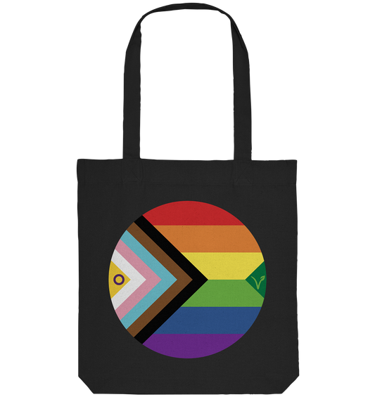 Vegan, Recycled & Eco Stofftasche: LGBTQAI+ VEGAN BIG (Queer Fahne in Kreisform und ein V für Veganismus, Solidarität, Veganismus, LGBTQ Community) in schwarz