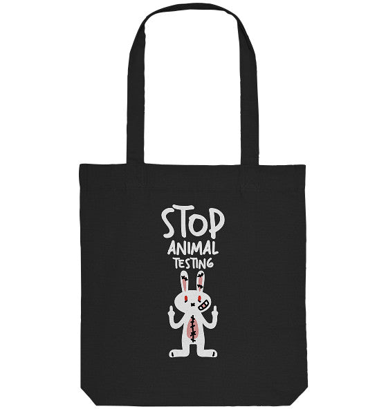 Baumwoll-Totebag in Schwarz mit „Stop Animal Testing“-Motiv und Hase