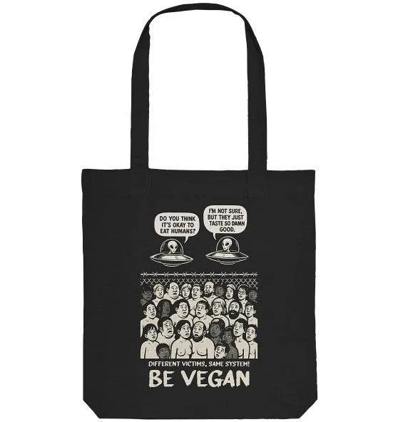 Schwarze Stofftasche mit Alien-Grafik und Aufdruck „BE VEGAN“