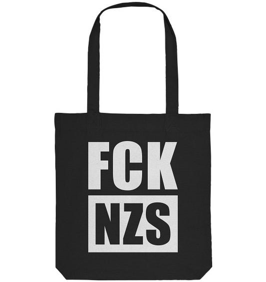 Schwarze Vegan und Recycling Stofftasche mit FCK NZS-Aufdruck, lange Schulterriemen, aus recycelter Baumwolle und Polyester, entworfen von RUDE REBEL für einen antinazistischen Ausdruck.