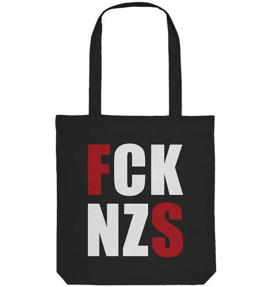 Schwarze Vegan und Recycling Stofftasche: FCK NZS mit großen roten und weißen Buchstaben, lange Henkel, recycelte Materialien, politisches Statement gegen Faschismus von RUDE REBEL.