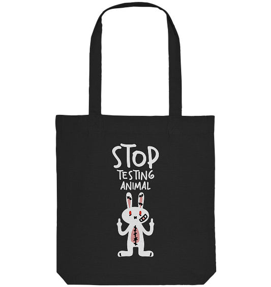 Vegan und Recycling Stofftasche: Angry Rabbit - Animal Rights mit Cartoon-Hase, der STOP TESTING ANIMAL. fordert, aus recycelter Baumwolle und Polyester, 38x42 cm.