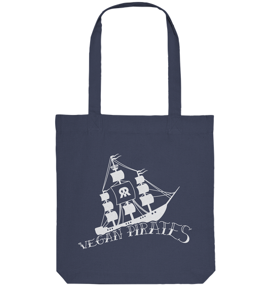 Vegan, Recycled & Eco Stofftasche: Vegan Pirates (Piratenschiff und Oldschool Schriftzug) in blau