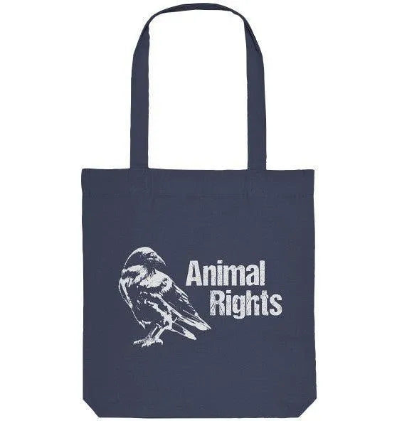Recycling-Stofftasche in Dunkelblau mit Vogel-Print und Aufschrift „Animal Rights“.