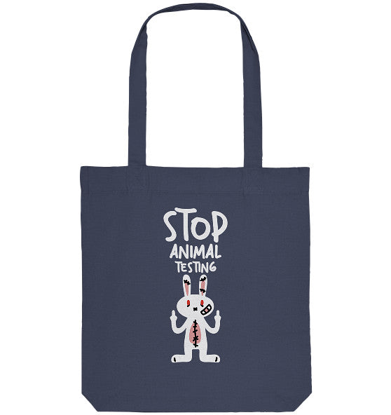 Baumwoll-Totebag in Dunkelblau mit „Stop Animal Testing“-Motiv und Hase