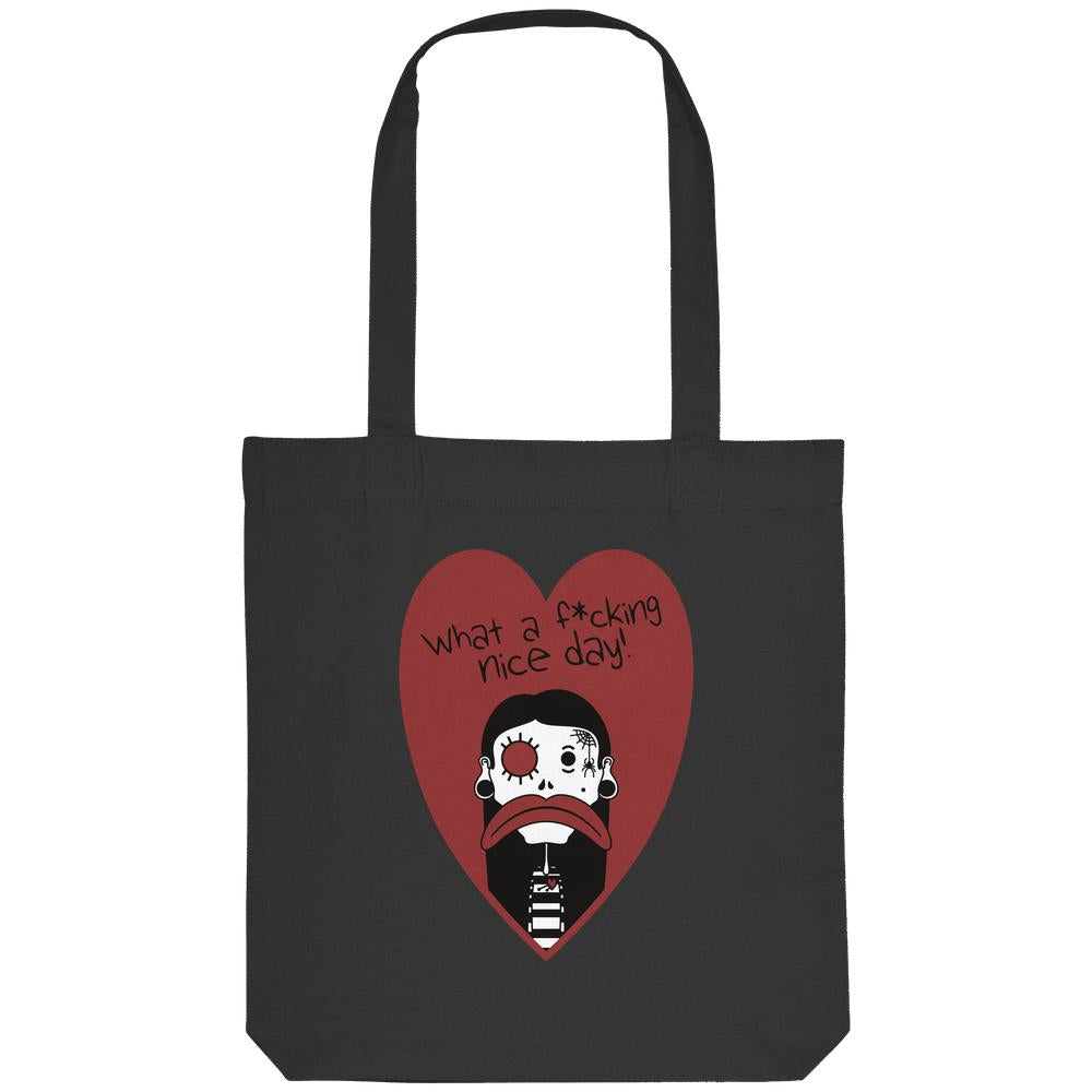 Schwarze Stofftasche mit Herz-Comic-Print und kurzem Tragegriff