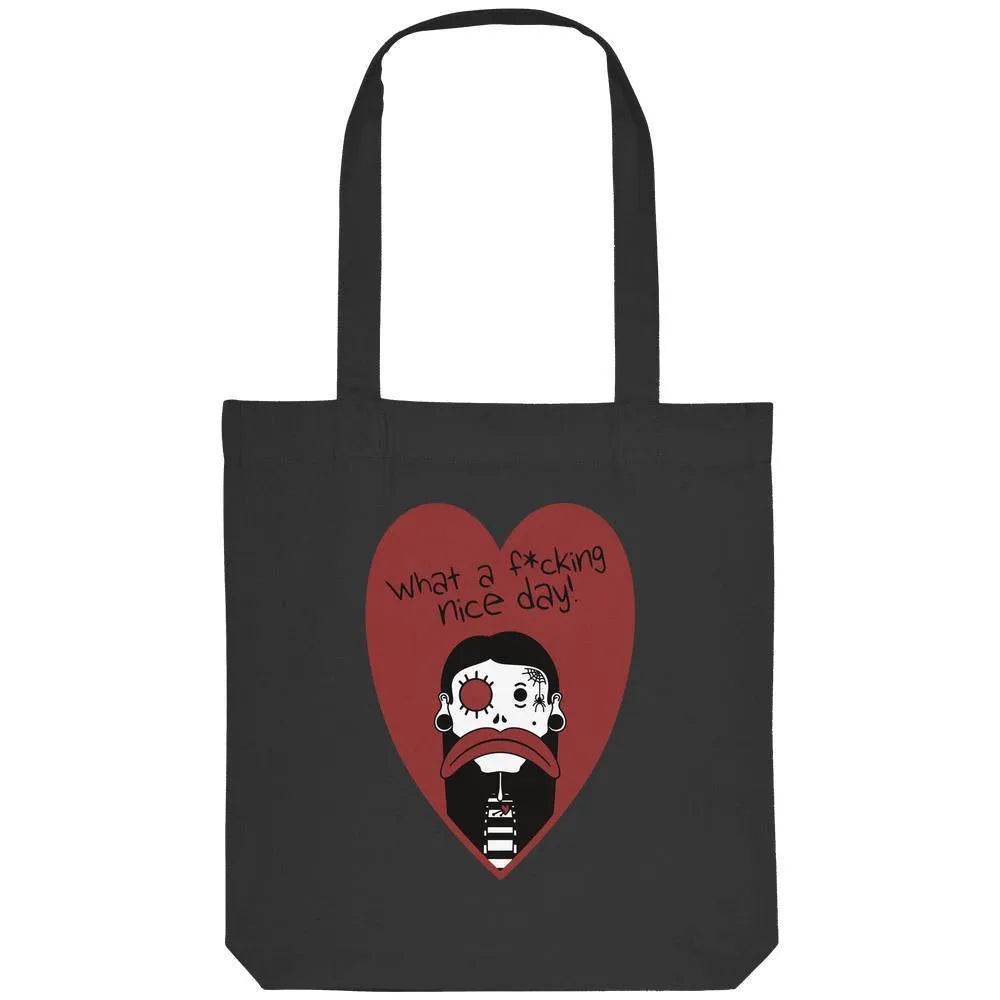 Recycling-Stofftasche Schwarz mit rotem Herzmotiv und Text „what a fucking nice day“
