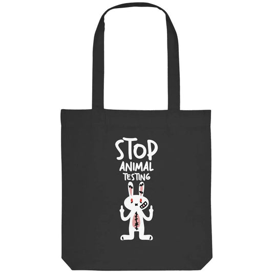 Schwarze Stofftasche mit Aufdruck „STOP ANIMAL TESTING“ und Hase