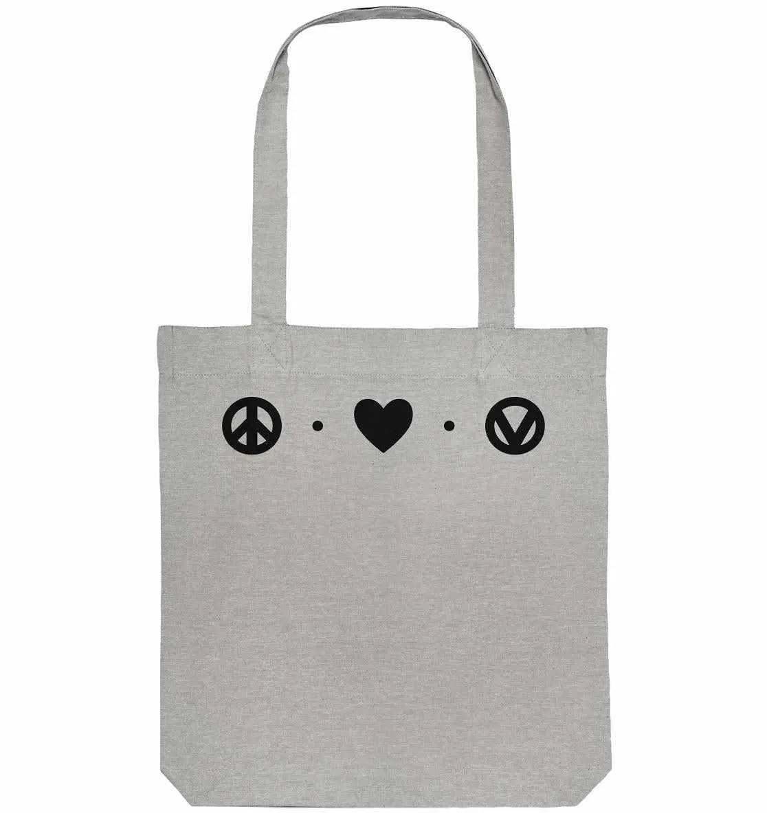 Vegane Recycling-Stofftasche in Heather-Grau mit Peace-, Herz- und Vegan-Symbolen