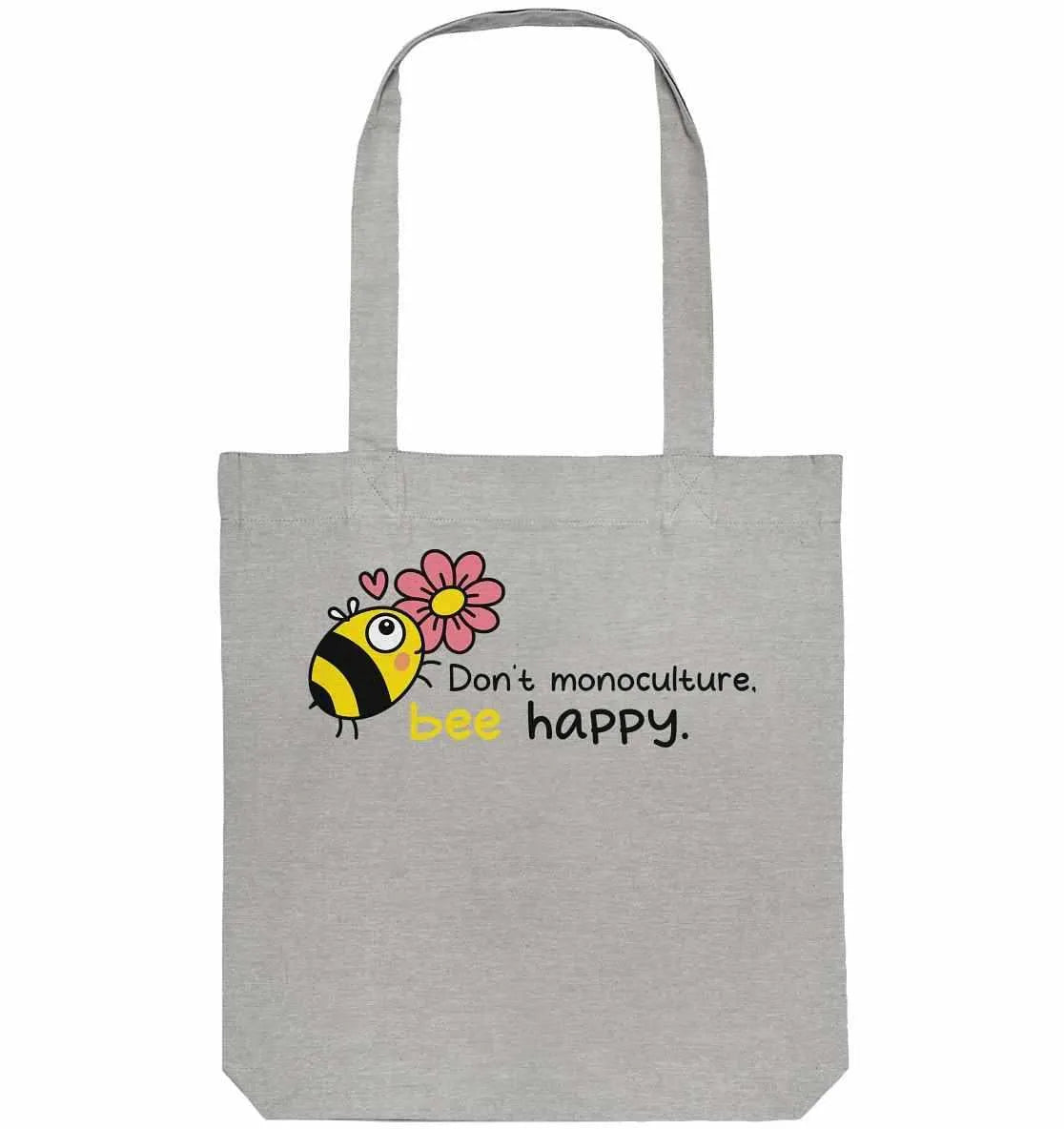 Graue Stofftasche mit Bienenmotiv und Schriftzug „Bee happy“