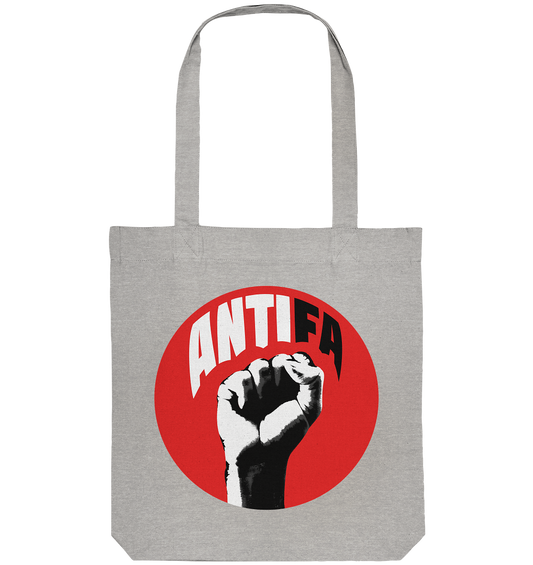 Vegan, Recycled & Eco Stofftasche: Antifa - Gemeinsam gegen Rechts (bedruckt mit stilisierter Faust und darüber das Wort ANTIFA in fetter Schrift, alles in schwarz weiß, auf rotem runden Hintergrund, antifa merch, Antifaschistische Kleidung, Kleidung gegen Rechtsextremismus) in grau