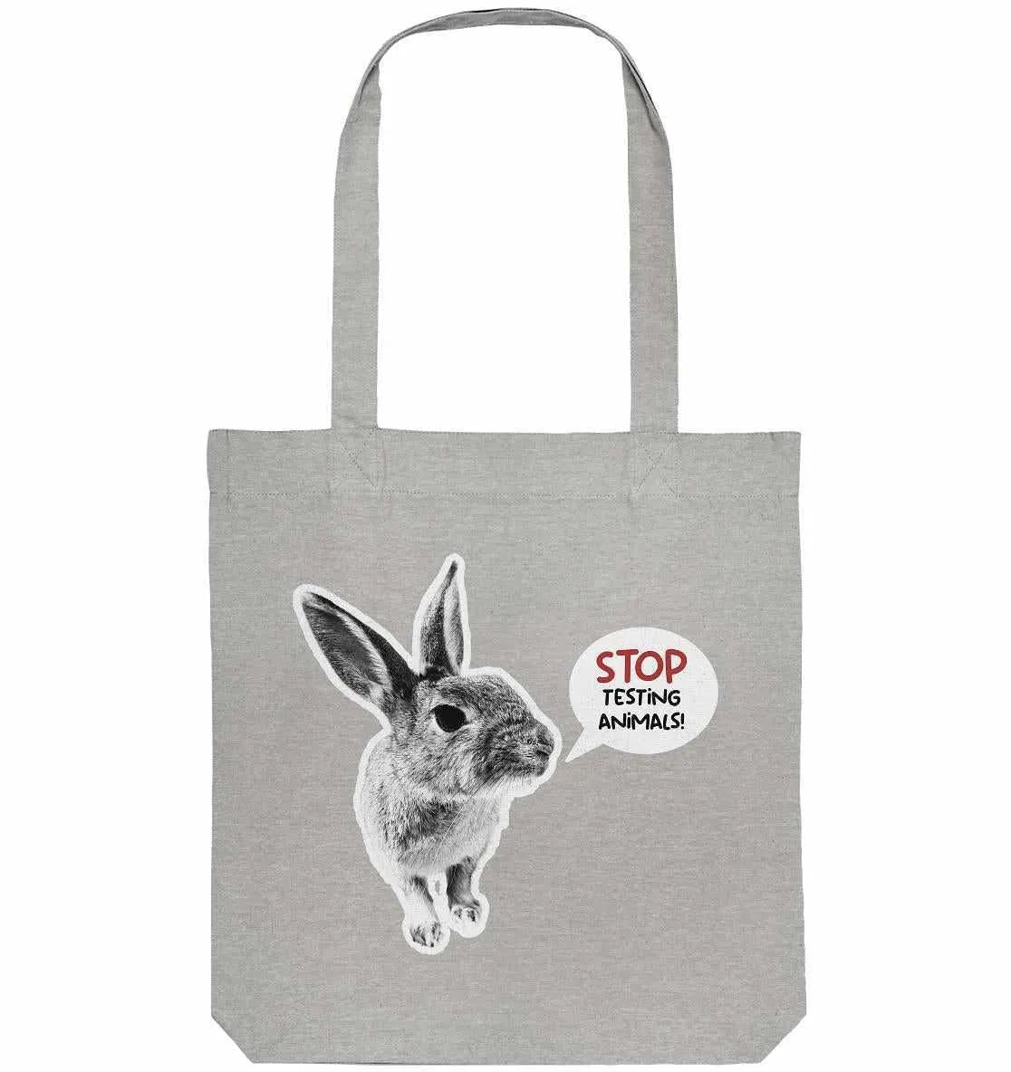 Stofftasche hellgrau mit Kaninchenprint und „Stop Testing Animals!“-Aufdruck