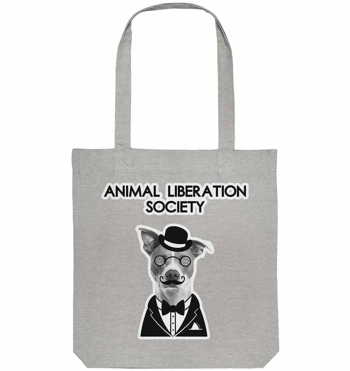 Graue Stofftasche mit Aufdruck „Animal Liberation Society“ und Hundmotiv