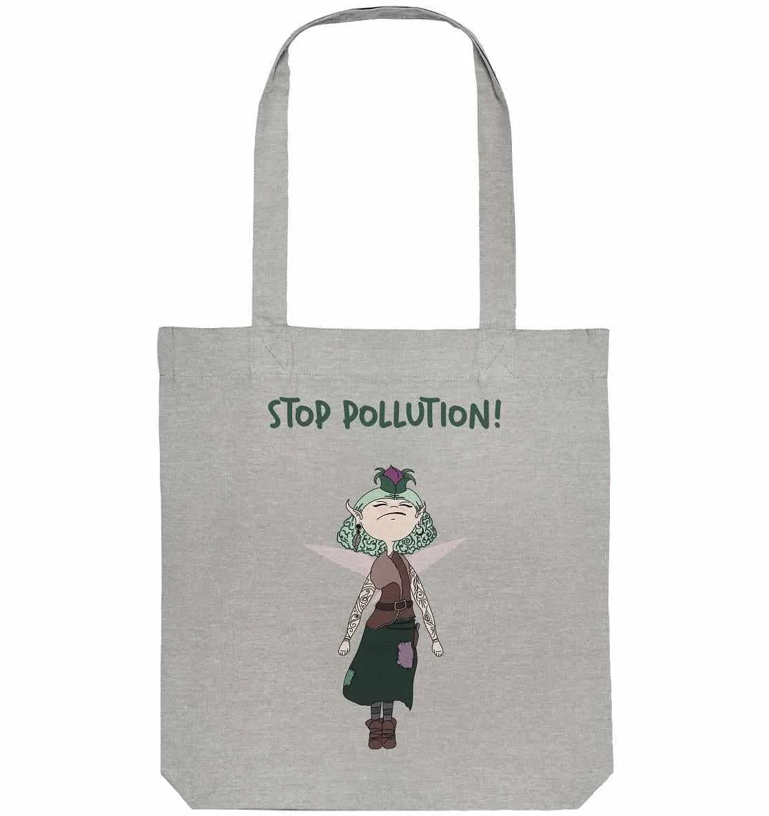 Grau melierte Stofftasche mit kurzen Tragegriffen, Aufdruck „STOP POLLUTION!“ und Figur.