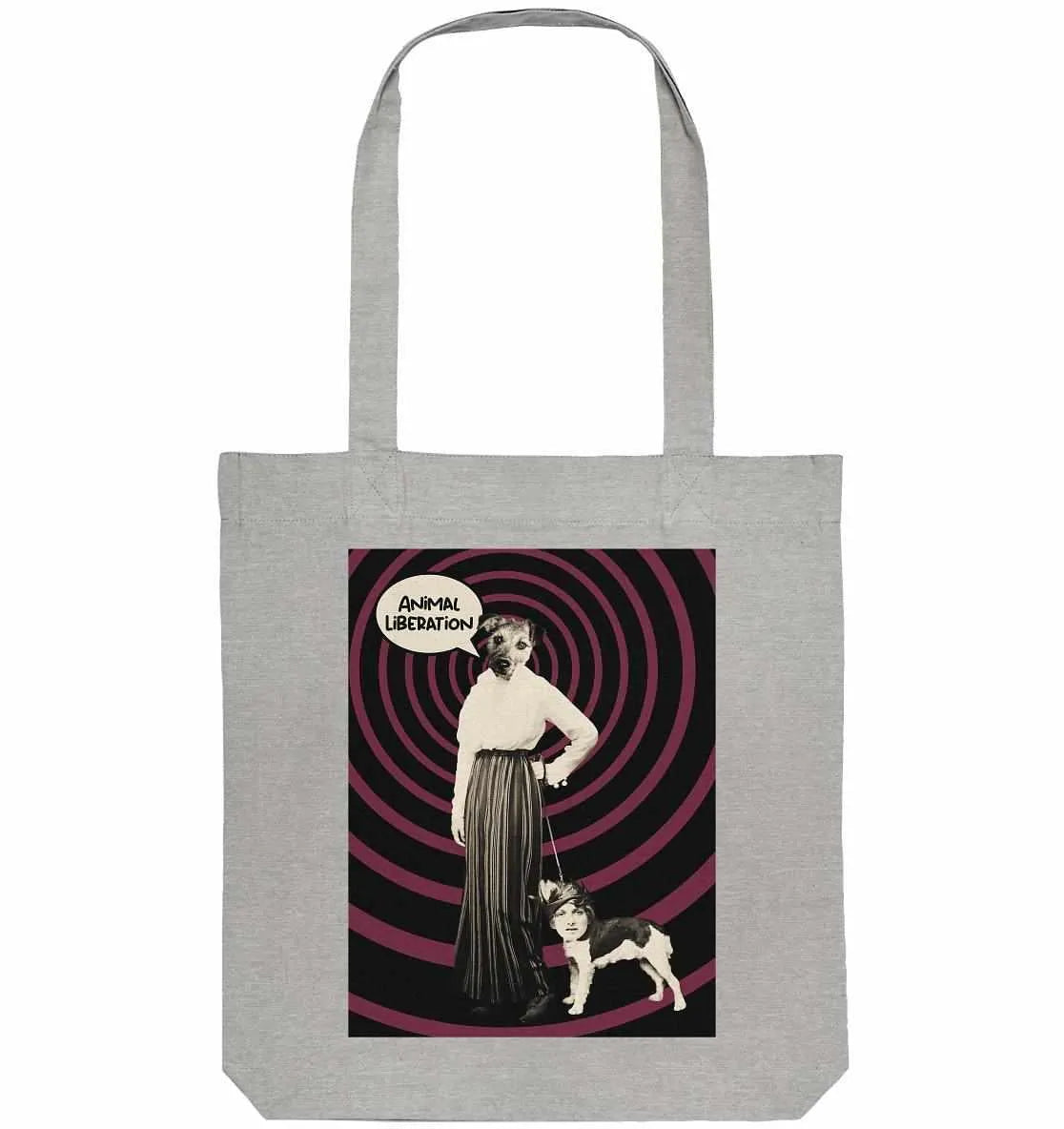 Heather-graue Recycling-Stofftasche mit Print „Animal Liberation“ und langen Henkeln