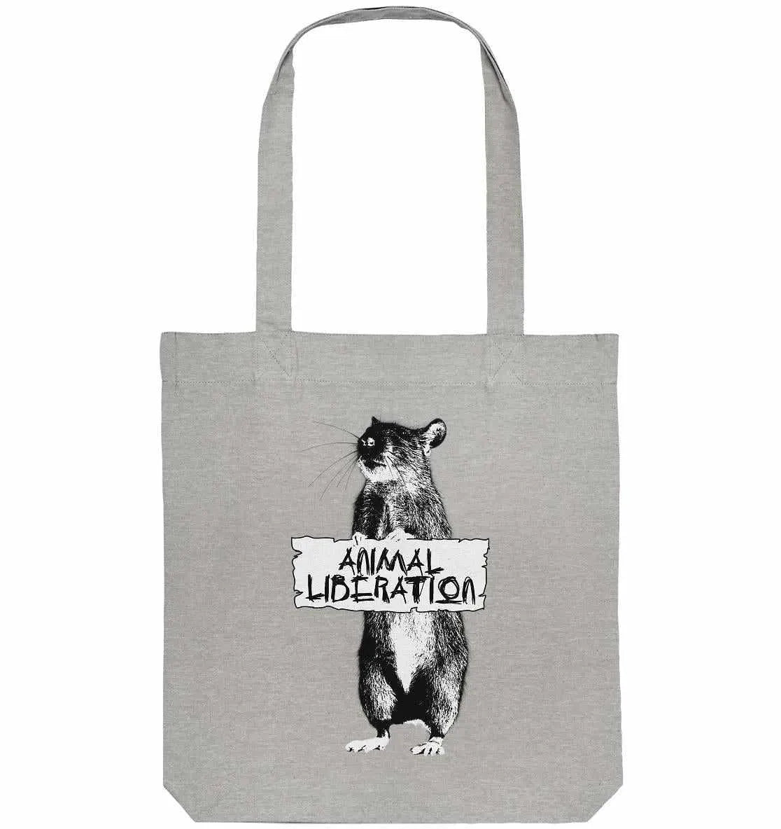 Grau melierte Stofftasche mit Tragehenkeln und Aufdruck 'ANIMAL LIBERATION' mit Tiermotiv
