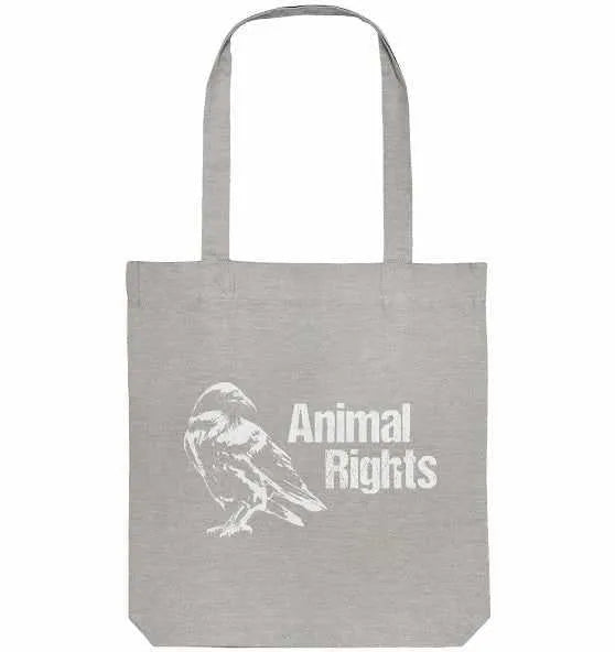 Recycling-Stofftasche in Hellgrau mit Vogel-Print und Aufschrift „Animal Rights“.