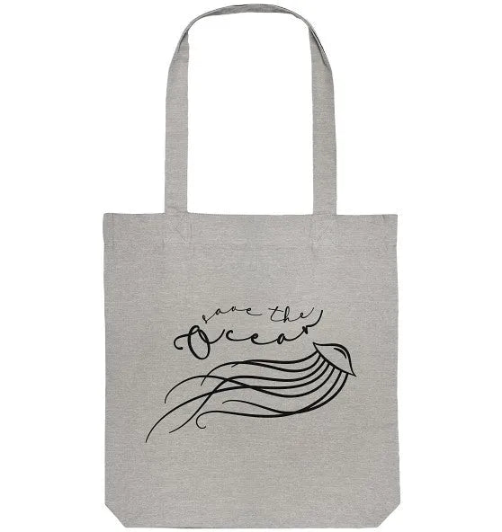 Graue Stofftasche mit Hand-Illustration einer Qualle, Stoffhenkel