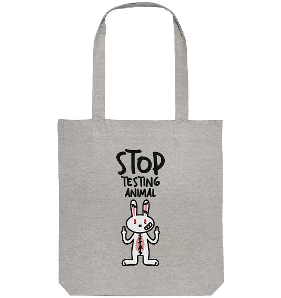 Vegan und Recycling Stofftasche: Angry Rabbit - Animal Rights, eine hellgraue Tasche mit Karikatur eines protestierenden Kaninchens gegen Tierversuche, nachhaltig aus recycelter Baumwolle und Polyester gefertigt.
