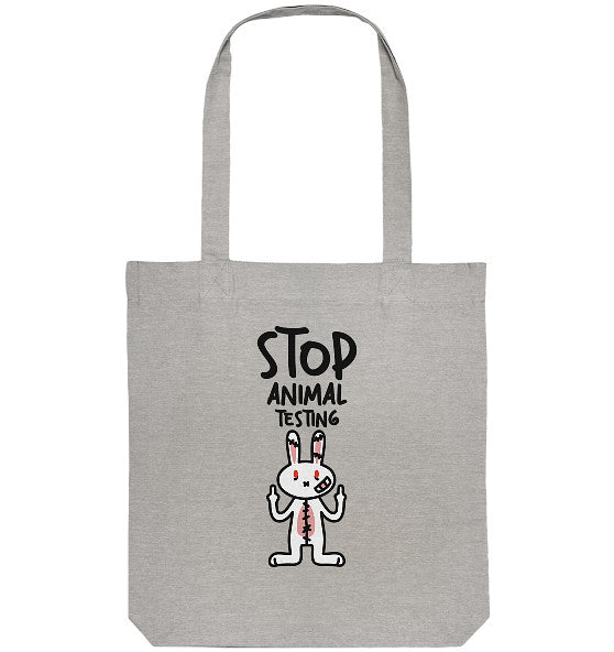 Baumwoll-Totebag in Hellgrau meliert mit „Stop Animal Testing“-Motiv und Hase