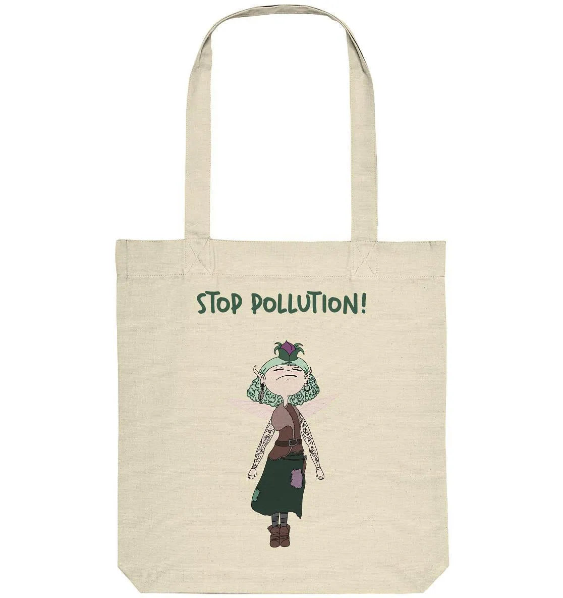 Naturfarbene Stofftasche mit kurzen Tragegriffen, Aufdruck „STOP POLLUTION!“ und Figur.