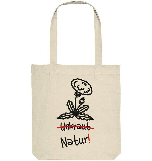 Natürliche Stofftasche mit Löwenzahn-Print und Aufschrift „Natur!“