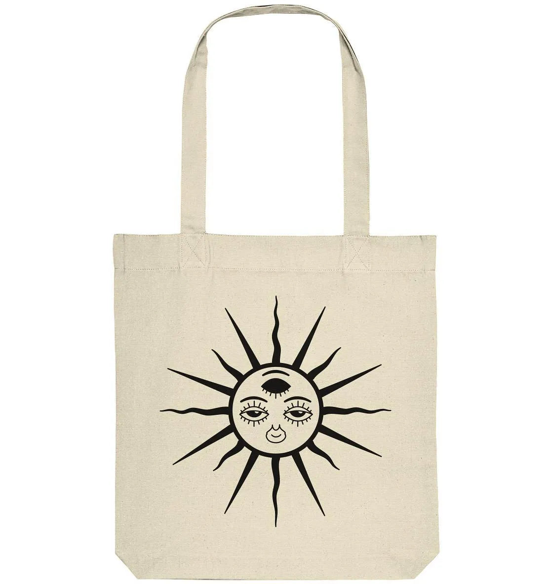 Naturfarbene Stofftasche mit Sonnenmotiv und Augen-Illustration