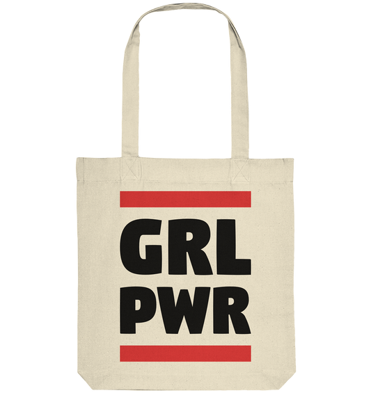 Vegan, Recycled & Eco Stofftasche: GIRL POWER - Design mit feministischer Message (bedruckt mit GIRL POWER ohne Vokale und zwei fette Balken, Feminismus Merch, feministische Prints, feministische Kleidung, Gleichberechtigung für Frauen) in beige