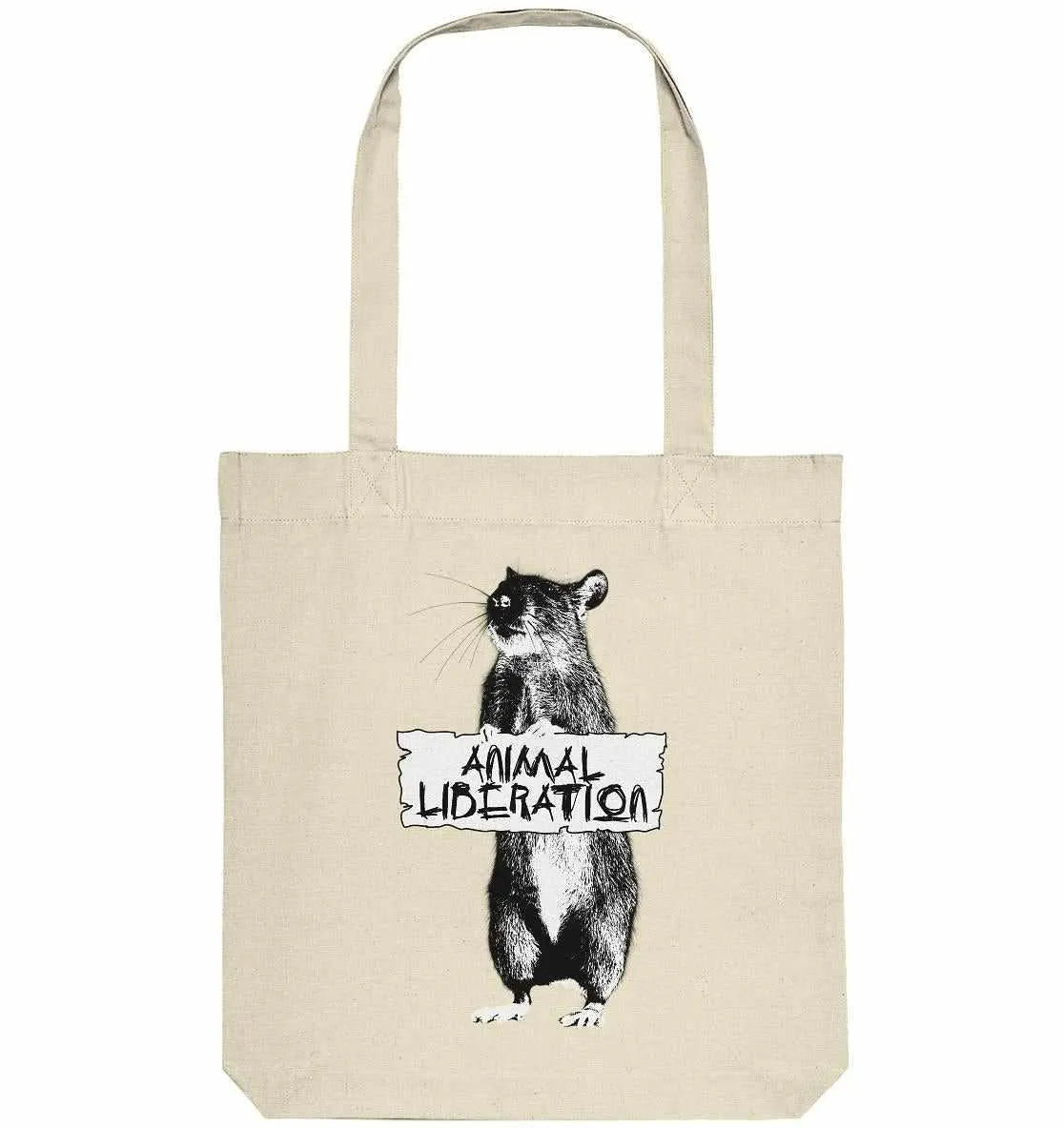 Naturfarbene Stofftasche mit Tragehenkeln, Aufdruck 'ANIMAL LIBERATION' mit Tiermotiv