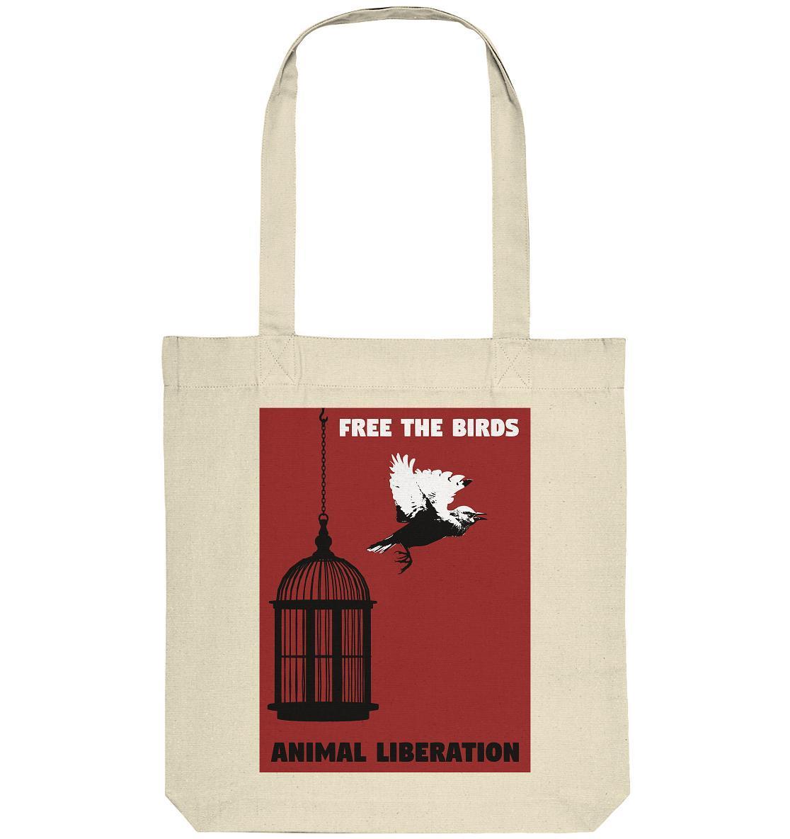 Vegan und Recycling Stofftasche: Free the birds - Animal Liberation, zeigt Vogel neben Käfig, aus recycelten Materialien, steht für Freiheit und Tierrechte.