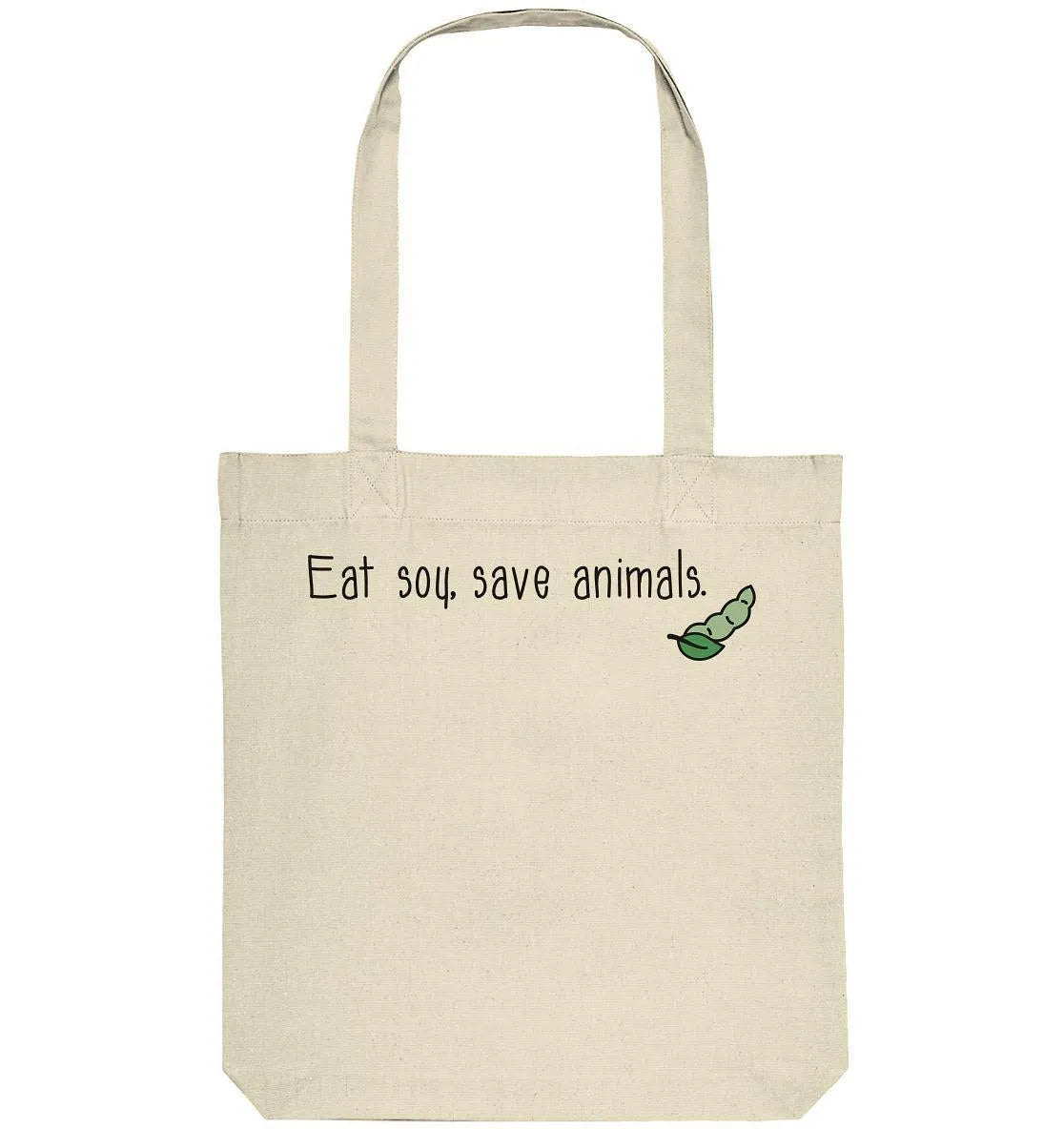 Naturfarbene Stofftasche mit Tragehenkeln, Aufdruck „Eat soy, save animals“ und grüner Sprout
