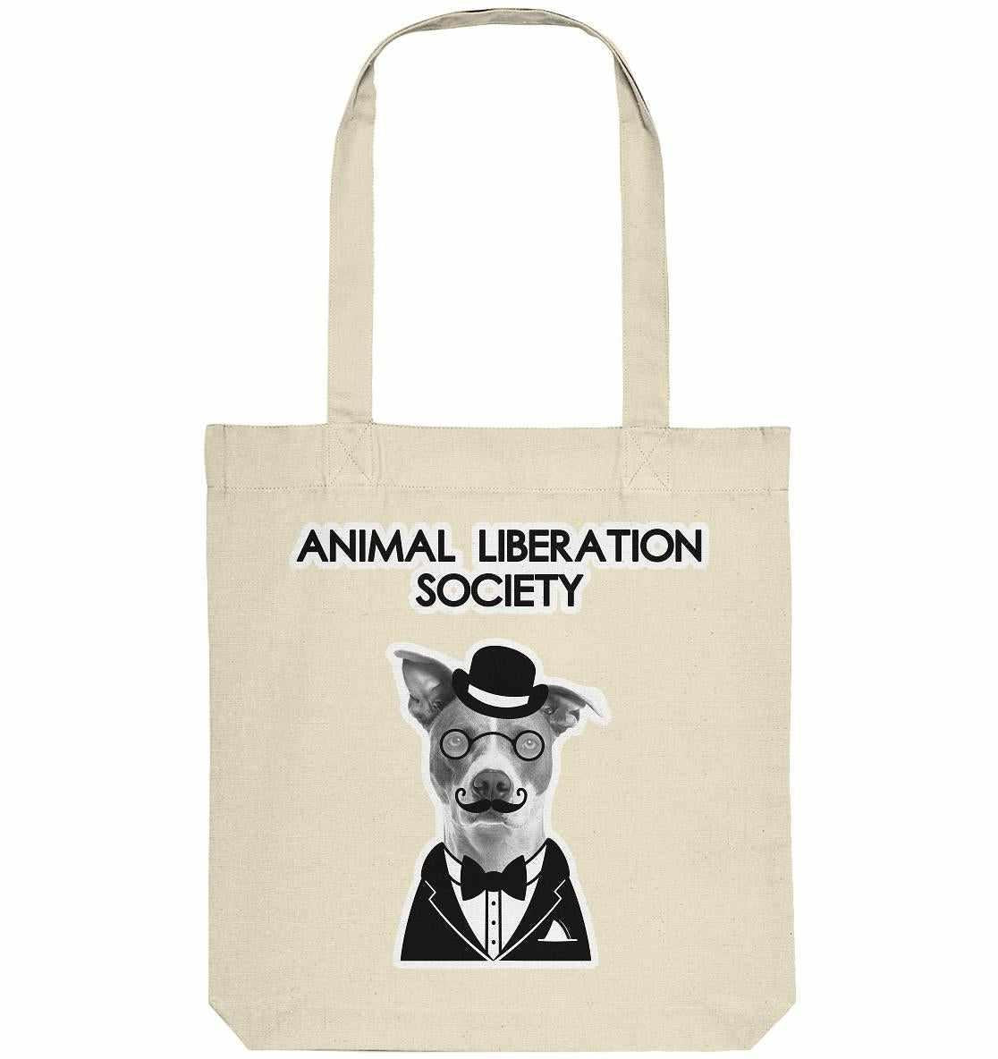 Vegan und Recycling Stofftasche: Mr. Dog - Animal Liberation Society, zeigt einen Hund mit Brille, Schnurrbart und Hut, inspiriert von Tierrechtsmotiven.