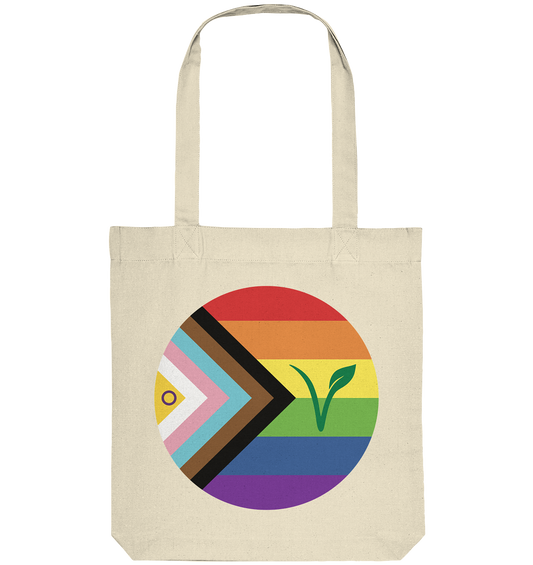 Vegan, Recycled & Eco Stofftasche: LGBTQAI+ VEGAN(Queer Fahne in Kreisform und ein V für Veganismus, Solidarität, Veganismus, LGBTQ Community) in beige 