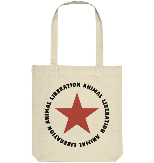 Vegan, Recycled & Eco Stofftasche: Red Star - Animal Liberation (bedruckt mit großem roten Stern und Schriftzug darum, Vegan Merch, Veganismus, Animal Rights) in beige