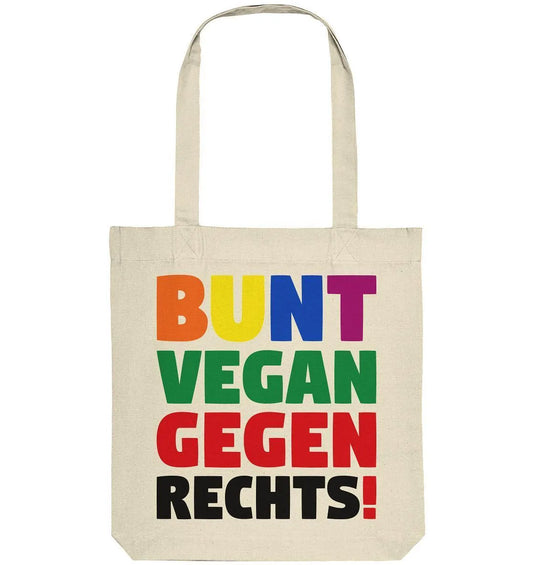 Beige Stofftasche mit Henkel und farbigem Schriftzug „BUNT VEGAN GEGEN RECHTS!“