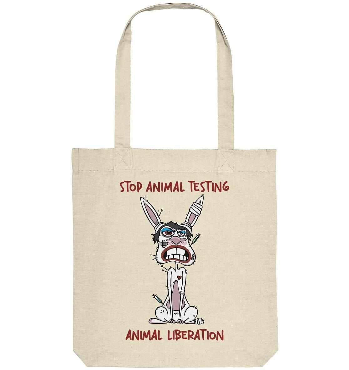 Weiße Stofftasche mit Cartoon-Hase und Stop Animal Testing-Botschaft, aus recycelten Materialien, symbolisiert Tierrechtsbewusstsein.